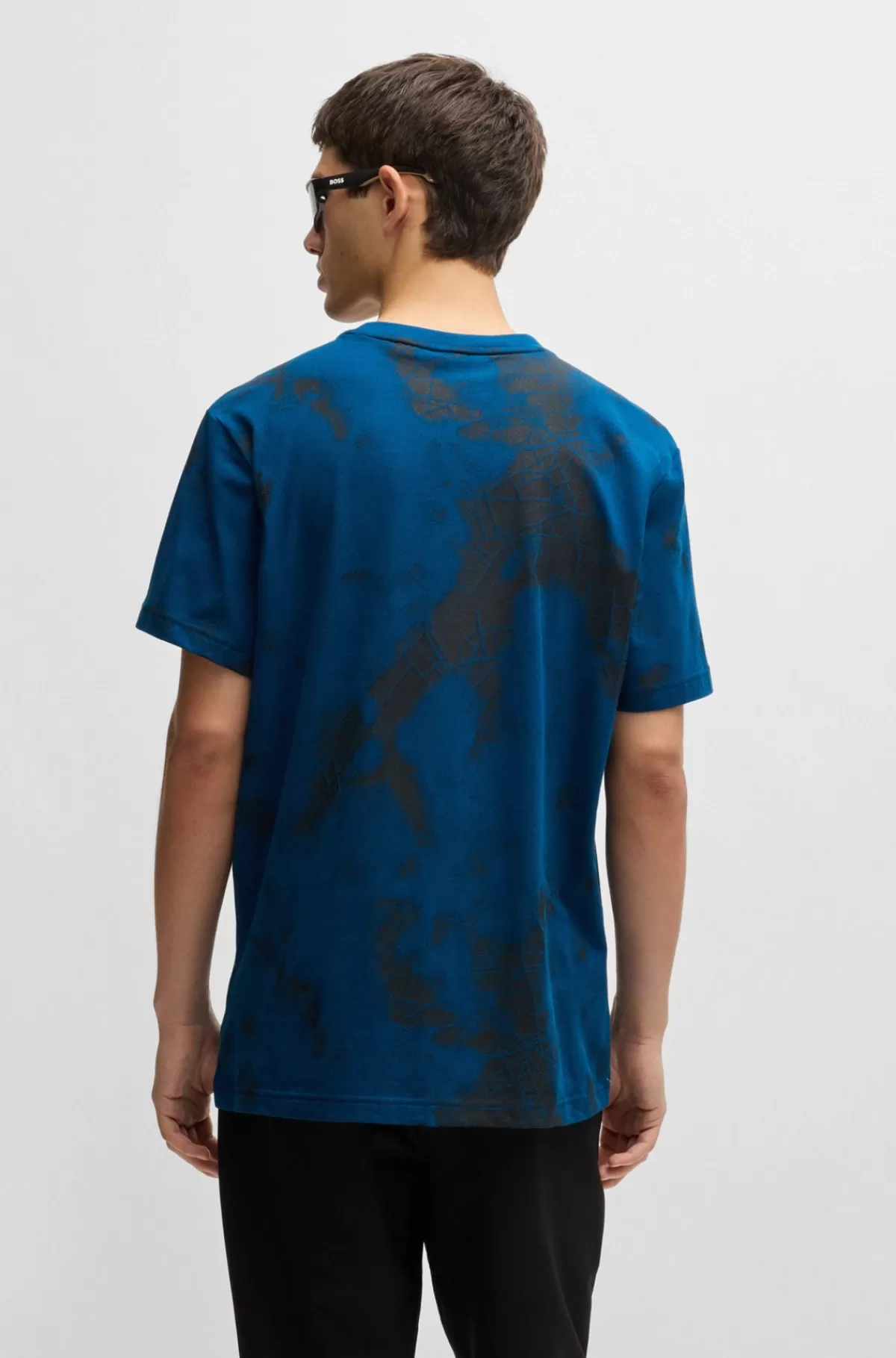 HUGO BOSS Relaxed Fit T-shirt I Bomuldsblanding Med Dekorativt Reflekterende Print Mørkeblå Store