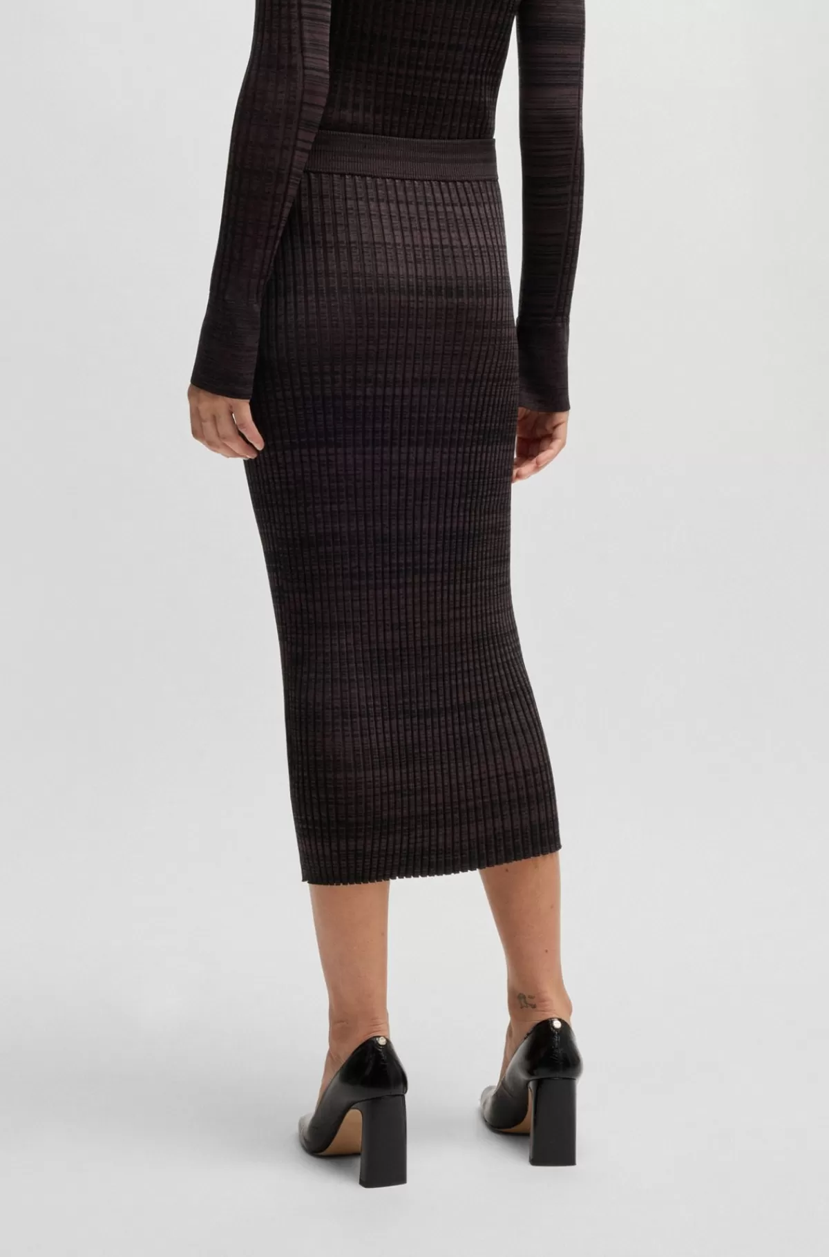 HUGO BOSS Ribstrikket Midinederdel I Mouliné-garn Sort Discount