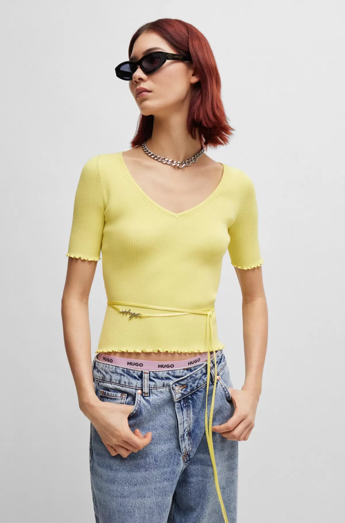 HUGO BOSS Ribstrikket Sweater Med Brandet Bindebælte Lysegul Sale