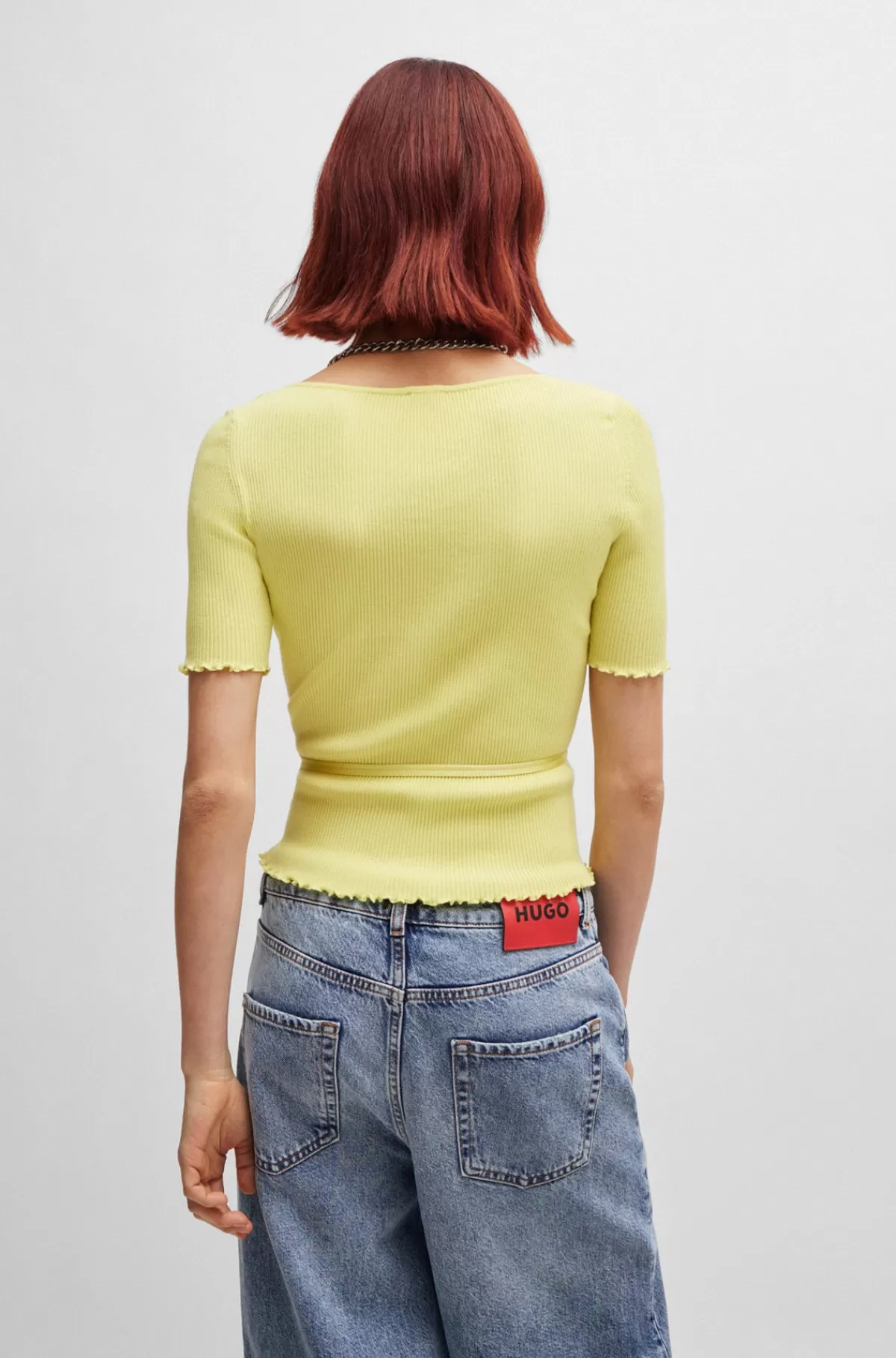 HUGO BOSS Ribstrikket Sweater Med Brandet Bindebælte Lysegul Sale