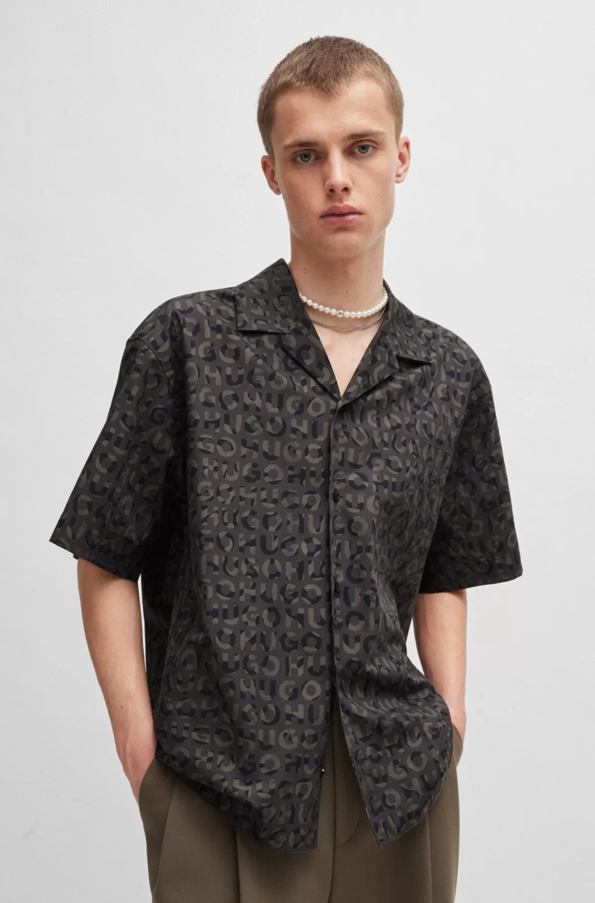 HUGO BOSS Skjorte Med Oversize Fit I Bomuldspoplin Med Sæsonens Print Sort Best Sale