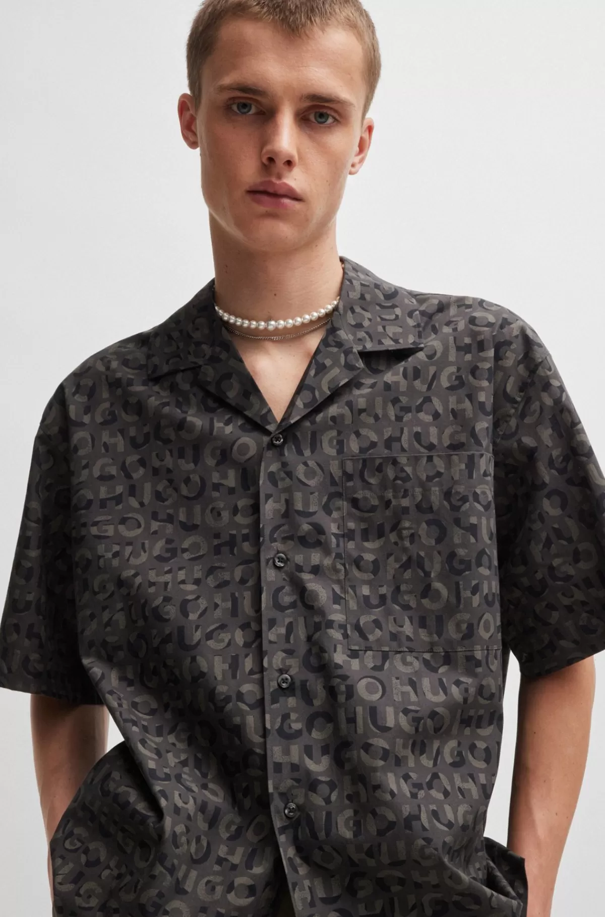 HUGO BOSS Skjorte Med Oversize Fit I Bomuldspoplin Med Sæsonens Print Sort Best Sale