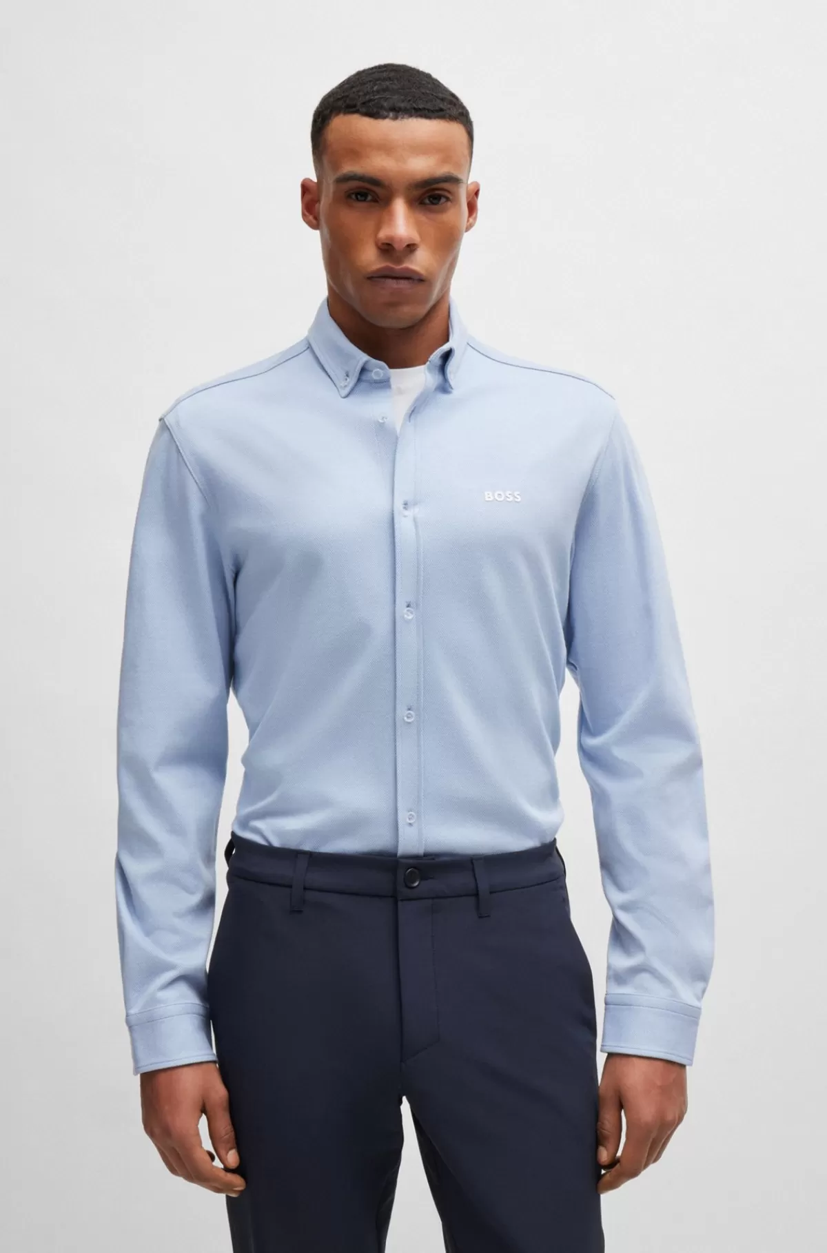 HUGO BOSS Skjorte Med Regular Fit I Strikket Strygelet Bomuld Lyseblå Cheap