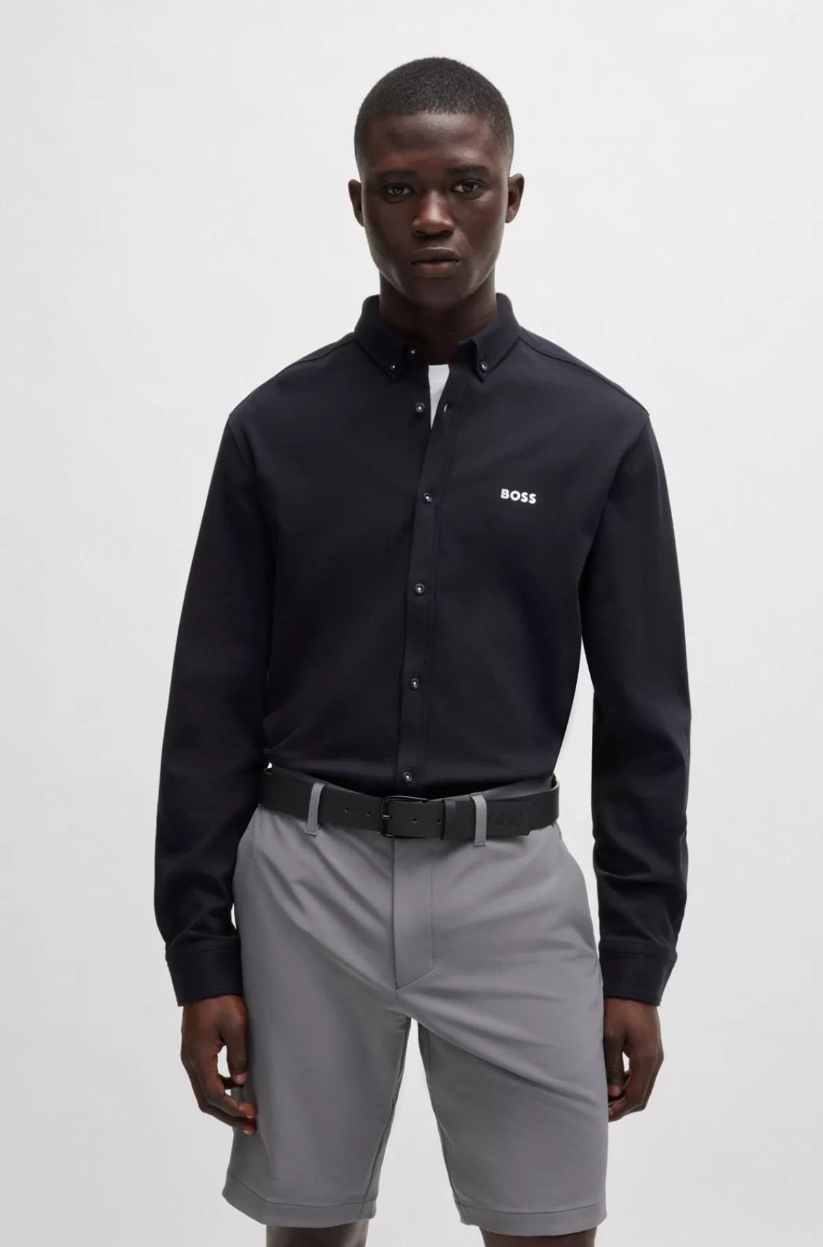 HUGO BOSS Skjorte Med Regular Fit I Strikket Strygelet Bomuld Mørkeblå Outlet