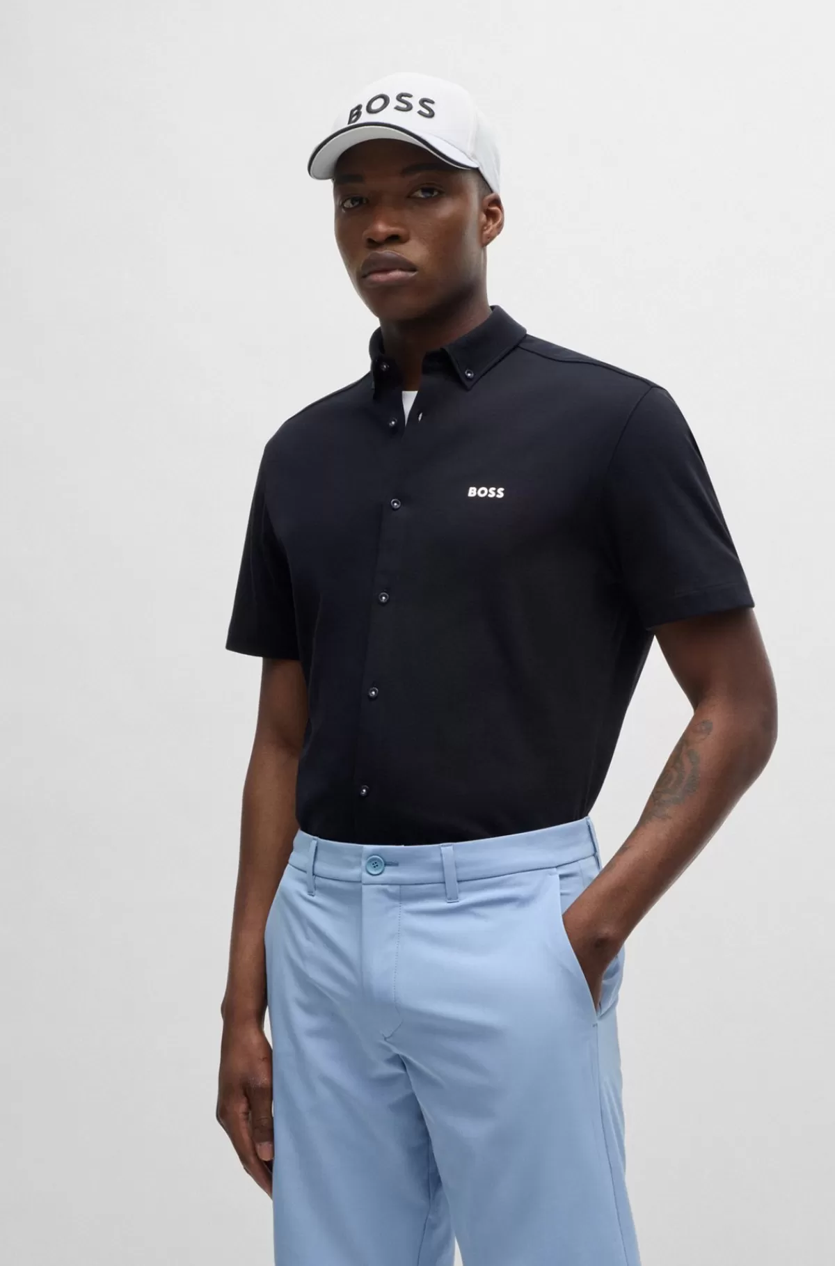 HUGO BOSS Skjorte Med Regular Fit I Strikket Strygelet Bomuld Mørkeblå Shop