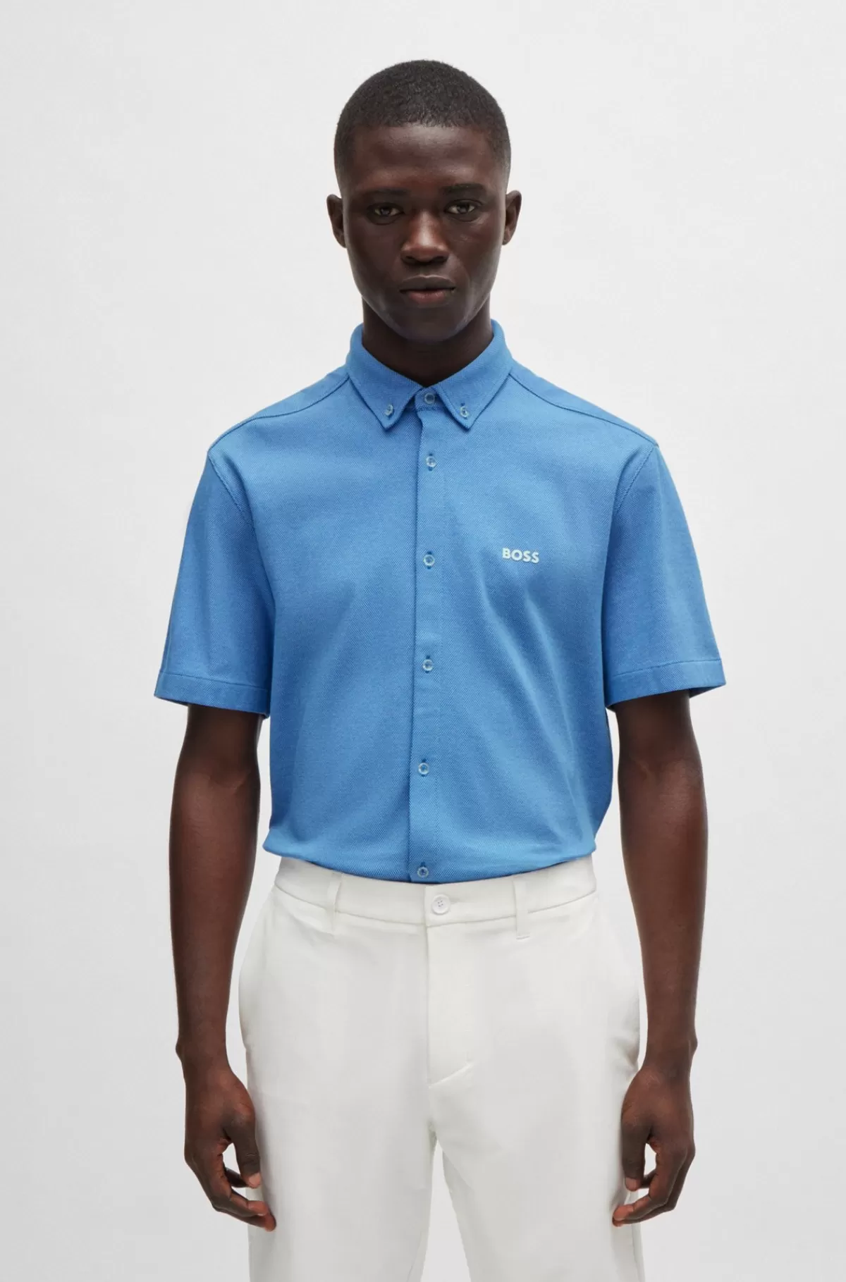 HUGO BOSS Skjorte Med Regular Fit I Strikket Strygelet Bomuld Lyseblå New