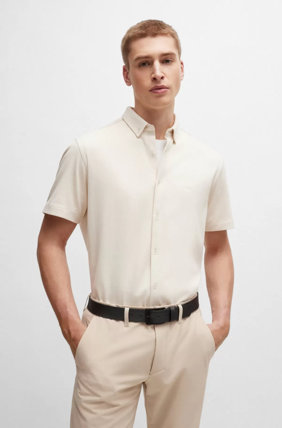 HUGO BOSS Skjorte Med Regular Fit I Strikket Strygelet Bomuld Hvid Discount