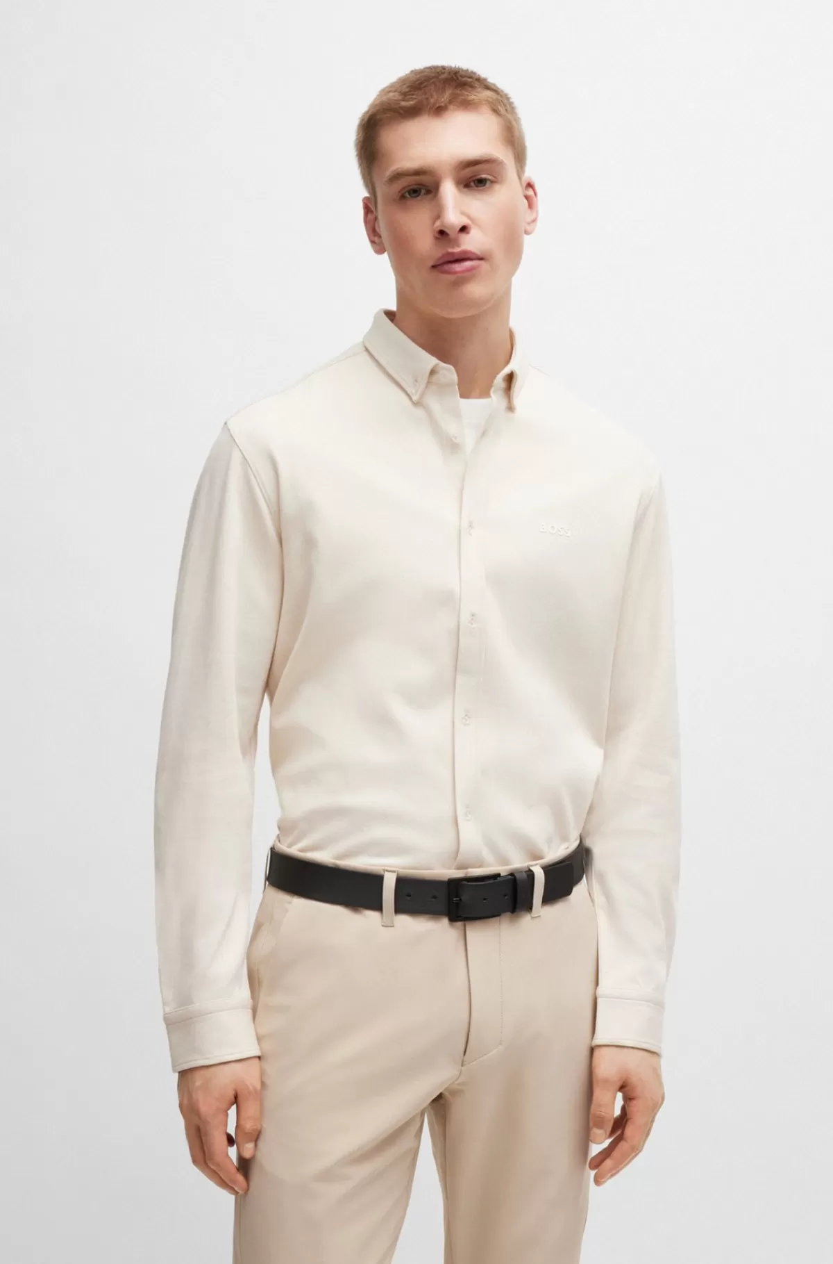 HUGO BOSS Skjorte Med Regular Fit I Strikket Strygelet Bomuld Hvid Fashion