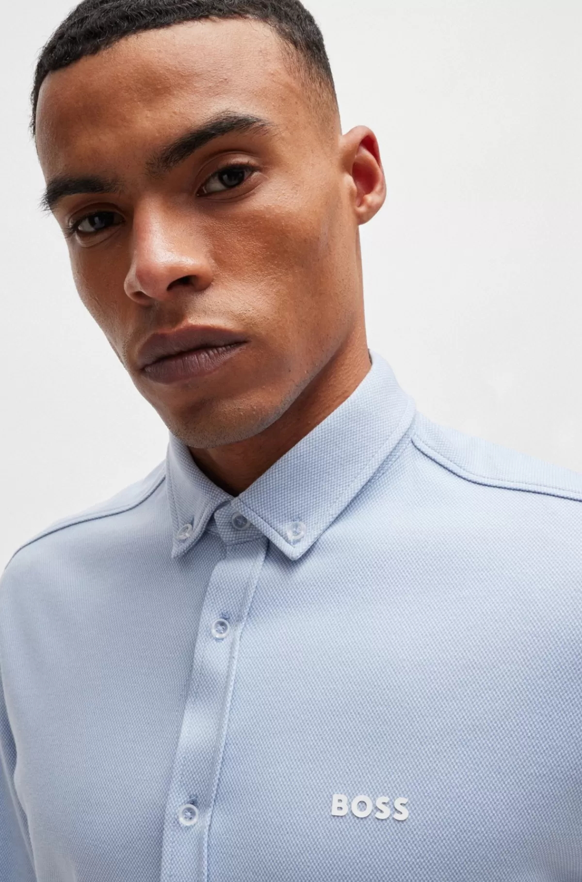 HUGO BOSS Skjorte Med Regular Fit I Strikket Strygelet Bomuld Lyseblå Cheap