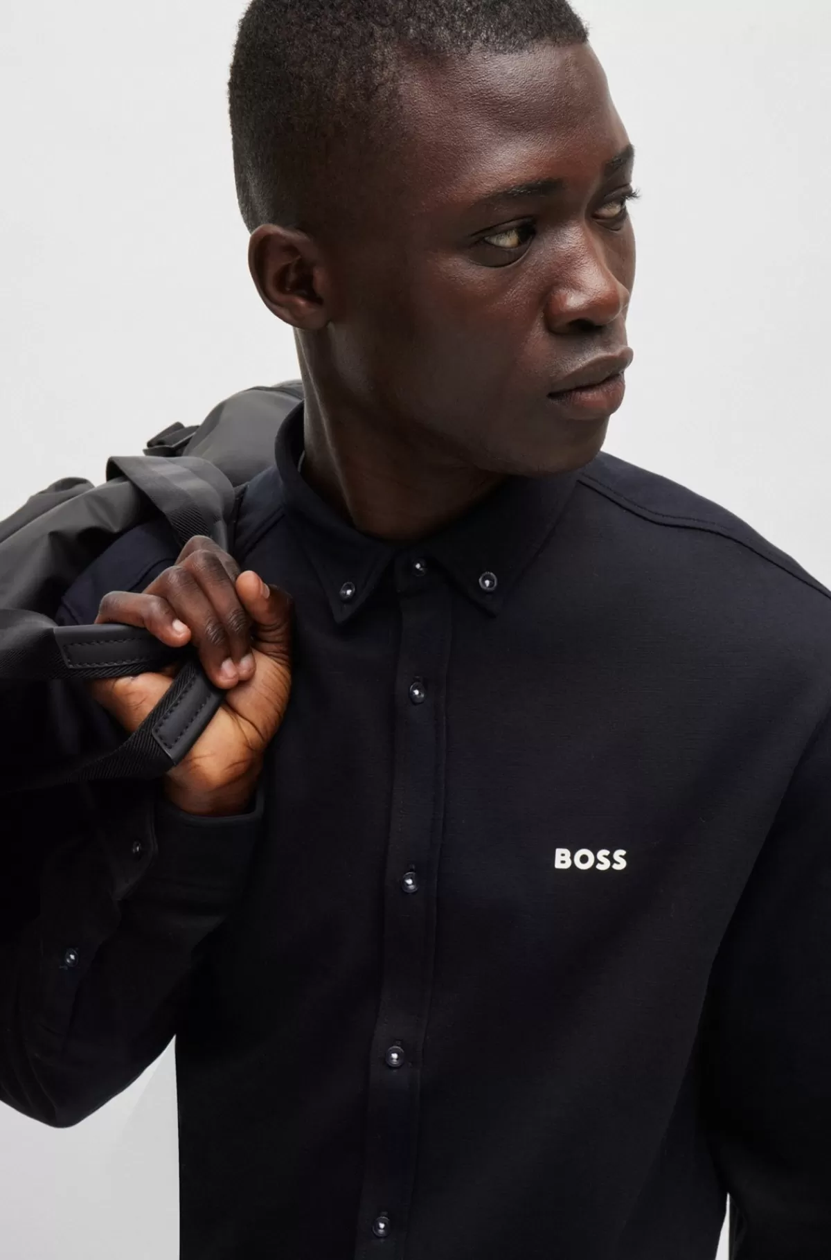 HUGO BOSS Skjorte Med Regular Fit I Strikket Strygelet Bomuld Mørkeblå Outlet