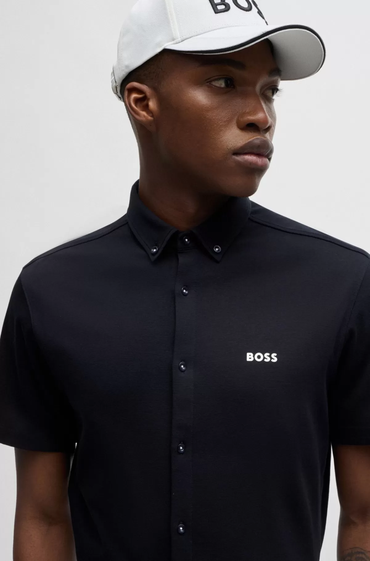 HUGO BOSS Skjorte Med Regular Fit I Strikket Strygelet Bomuld Mørkeblå Shop