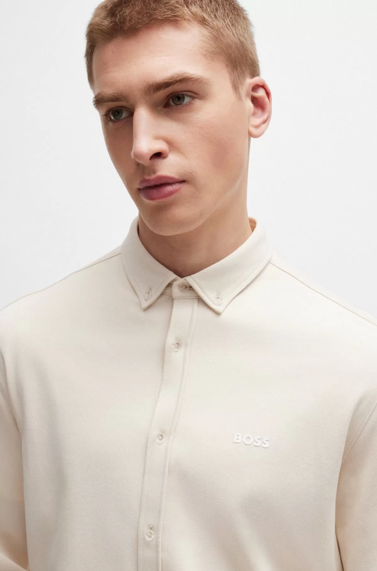 HUGO BOSS Skjorte Med Regular Fit I Strikket Strygelet Bomuld Hvid Fashion