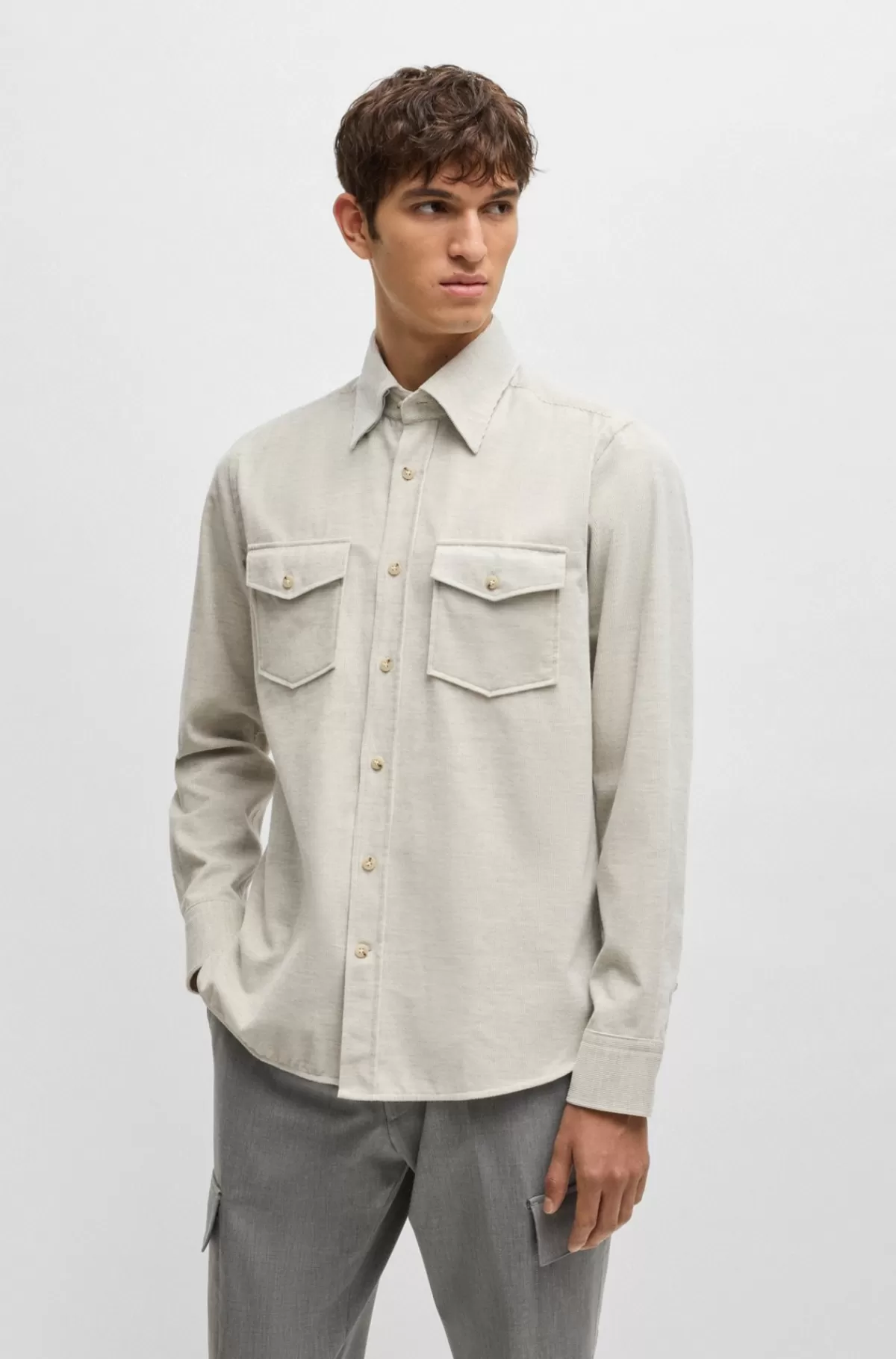 HUGO BOSS Skjorte Med Relaxed Fit I Bomuld Med Flaplommer Lysegrå Store
