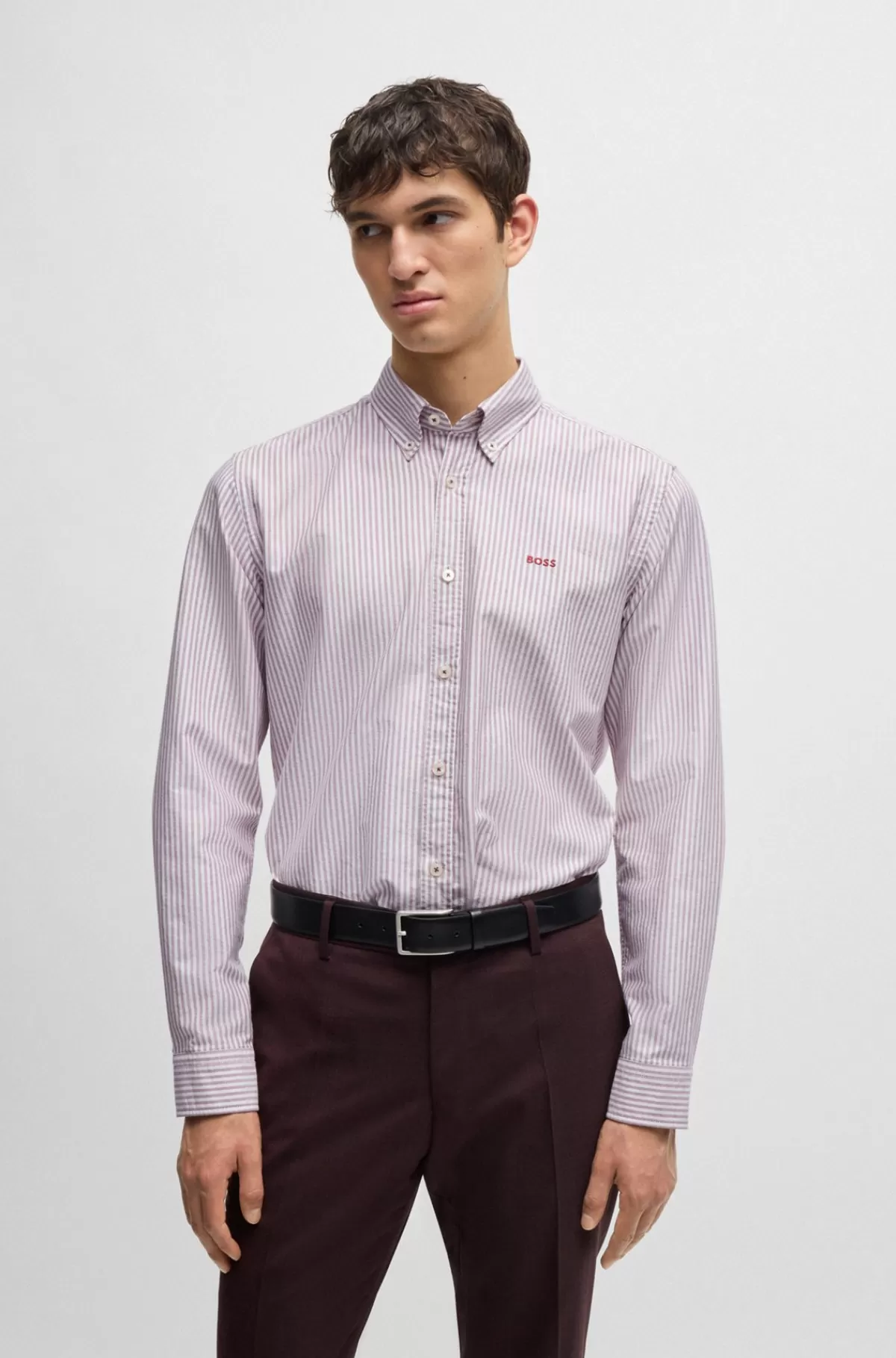 HUGO BOSS Skjorte Med Slim Fit I Stribet Oxfordbomuld Mørkerød Clearance