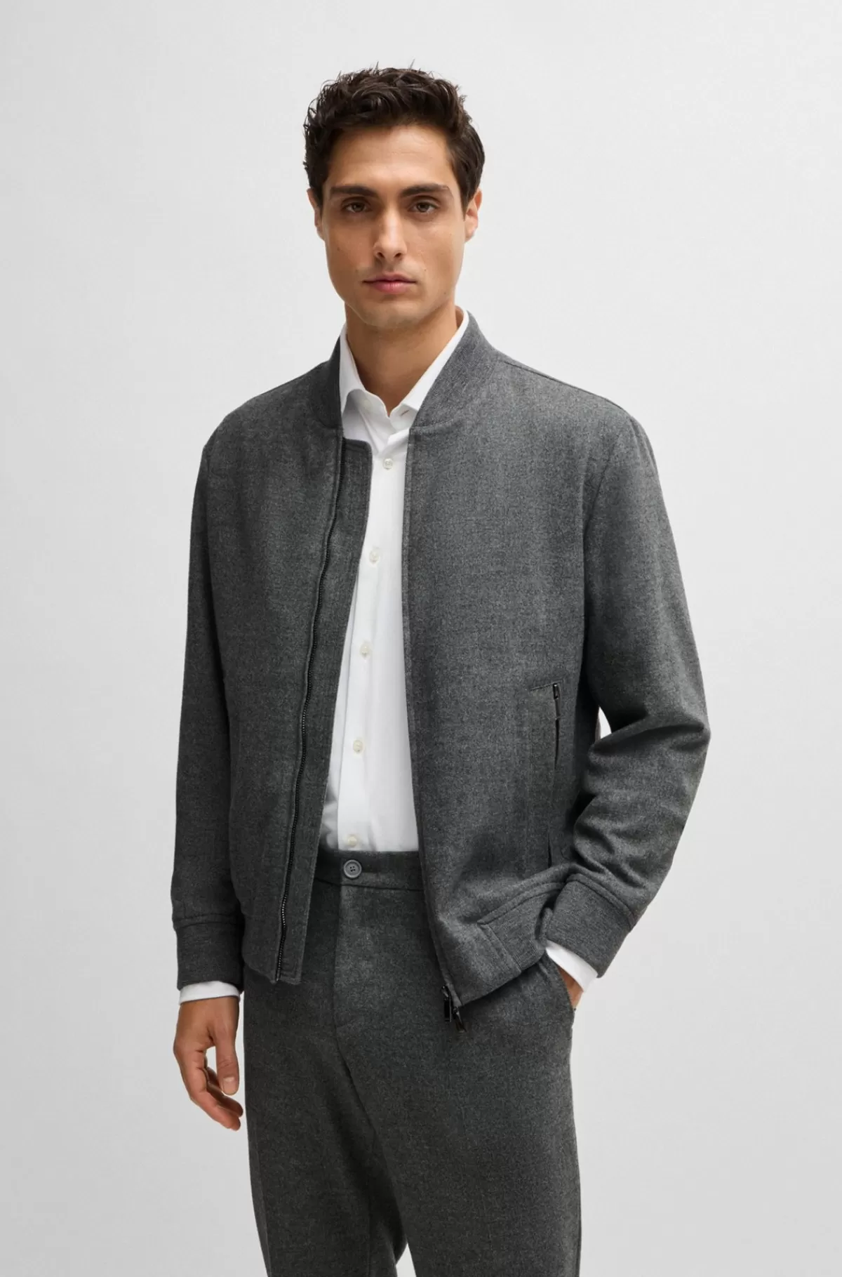 HUGO BOSS Slim Fit Jakke Med Tovejs-lynlås Foran Grå New