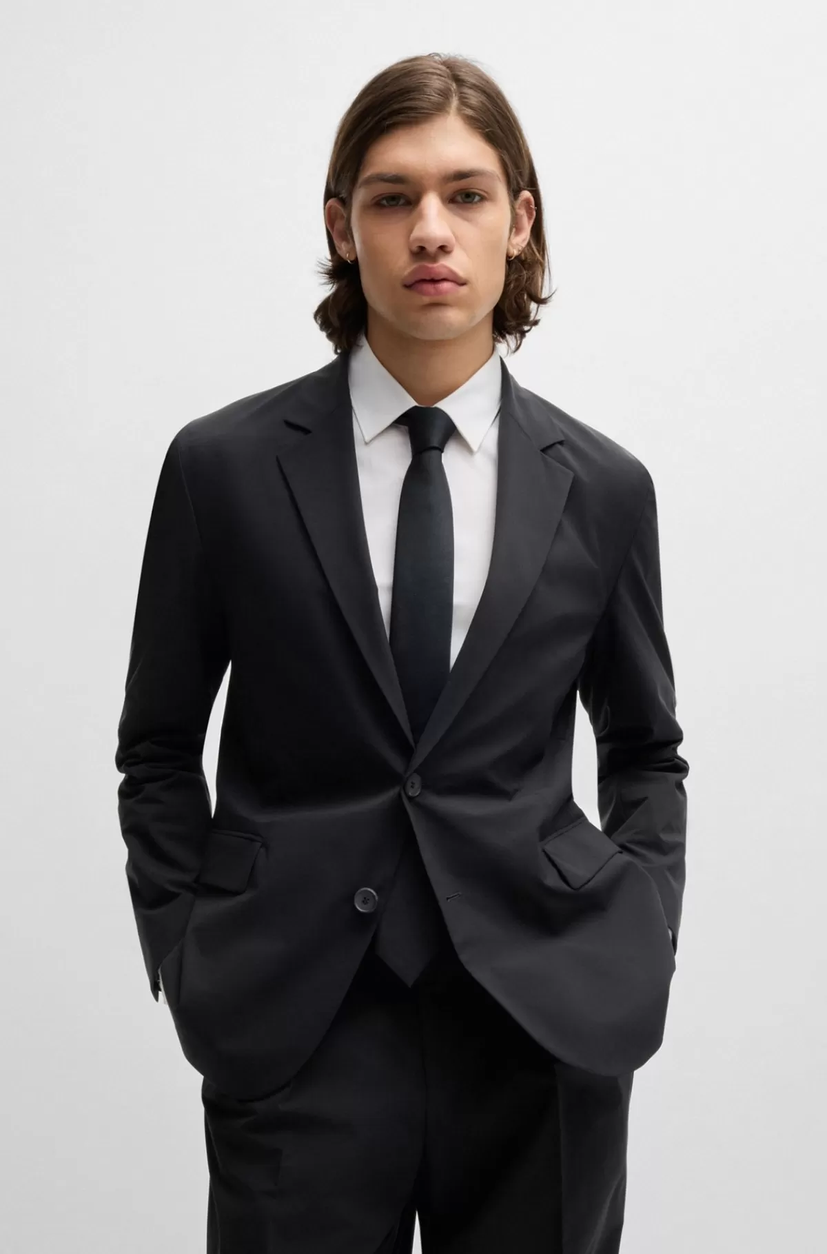 HUGO BOSS Slim Fit Jakkesæt I Stof Med Performance-stræk, Der Nemt Kan Pakkes Sort Outlet