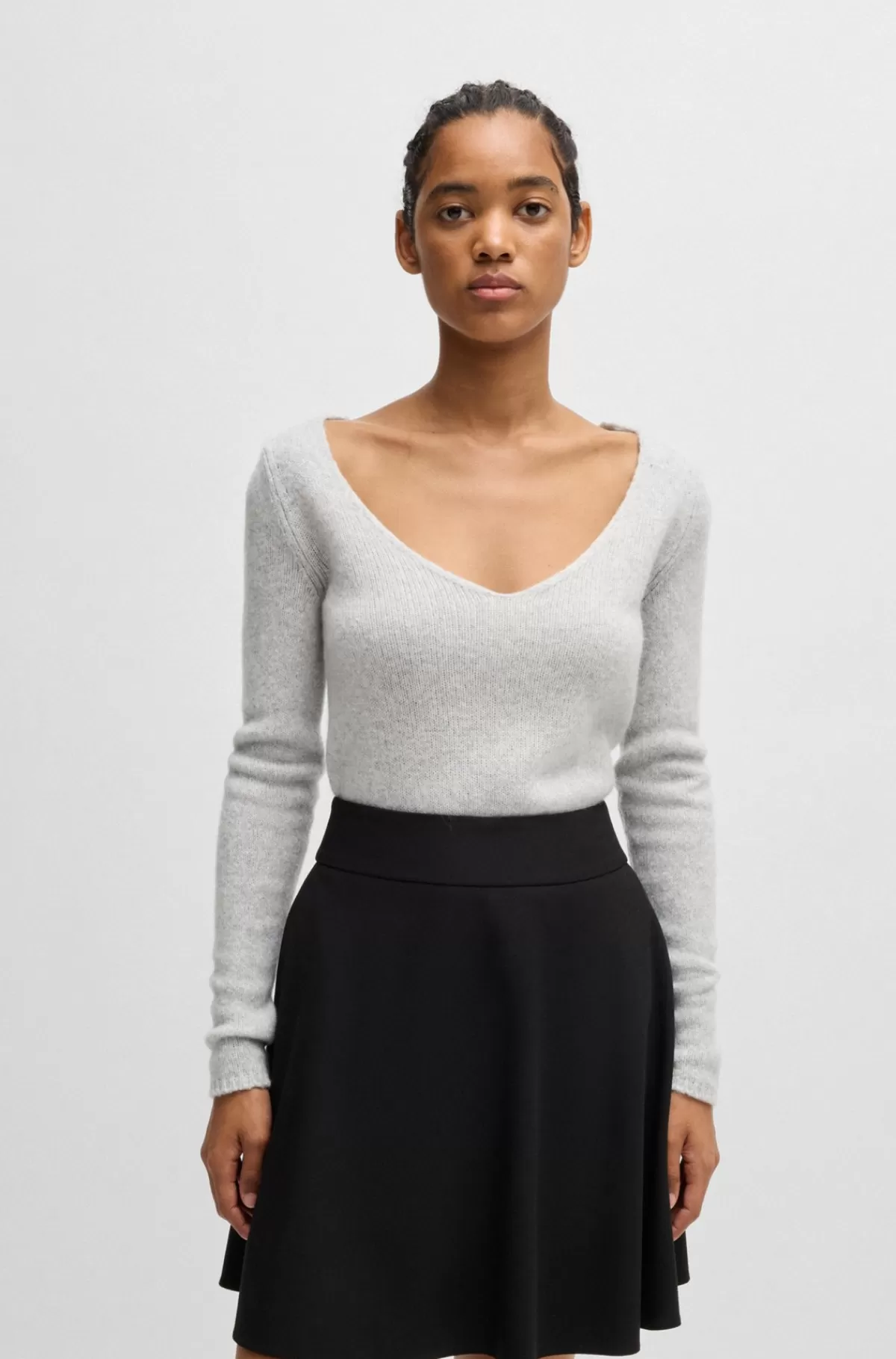 HUGO BOSS Slim Fit Sweater I Uldblanding Med V-hals Lysegrå New