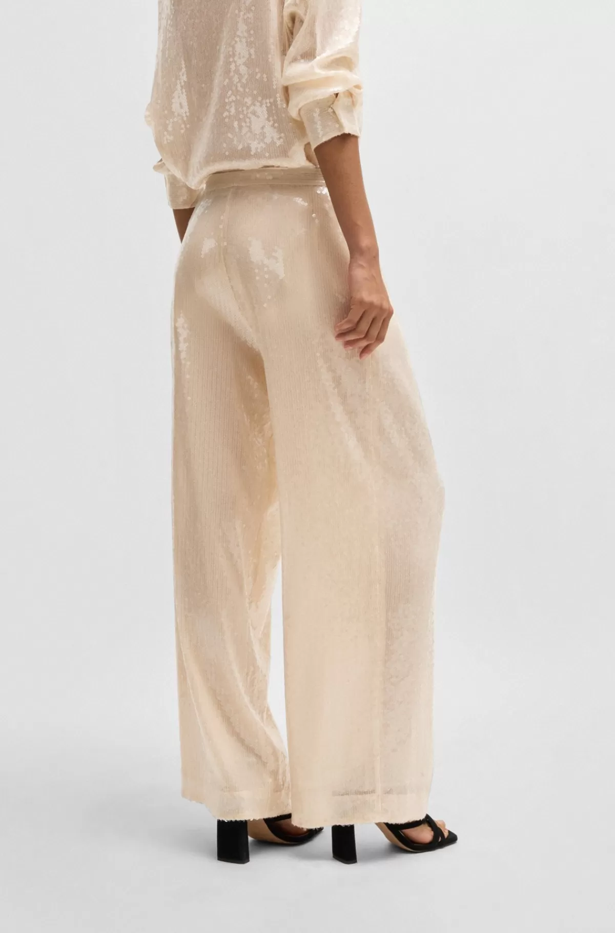 HUGO BOSS Straight Fit Pailletbukser I Stof Med Stræk Lys beige Discount