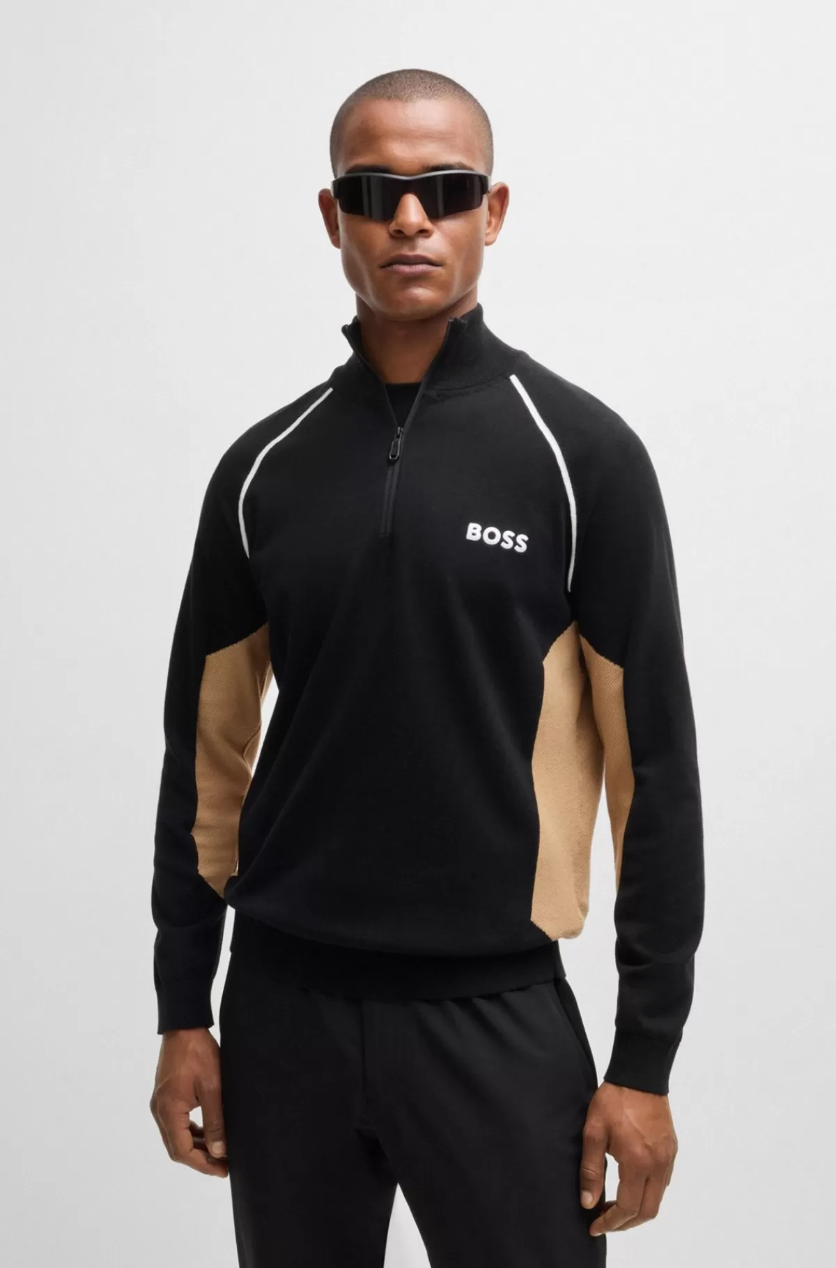 HUGO BOSS Sweater I Bomuldsblanding Med Colour Blocking Og Logo Sort Sale