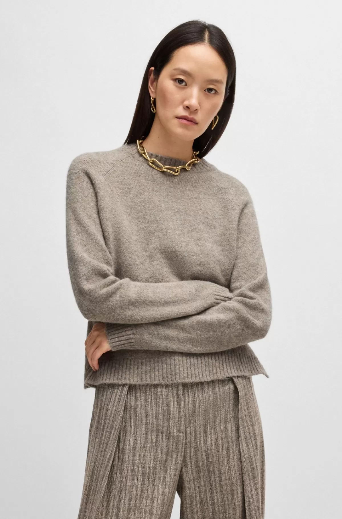 HUGO BOSS Sweater Med Crew Neck I Stof Med Stræk Lysegrå Best