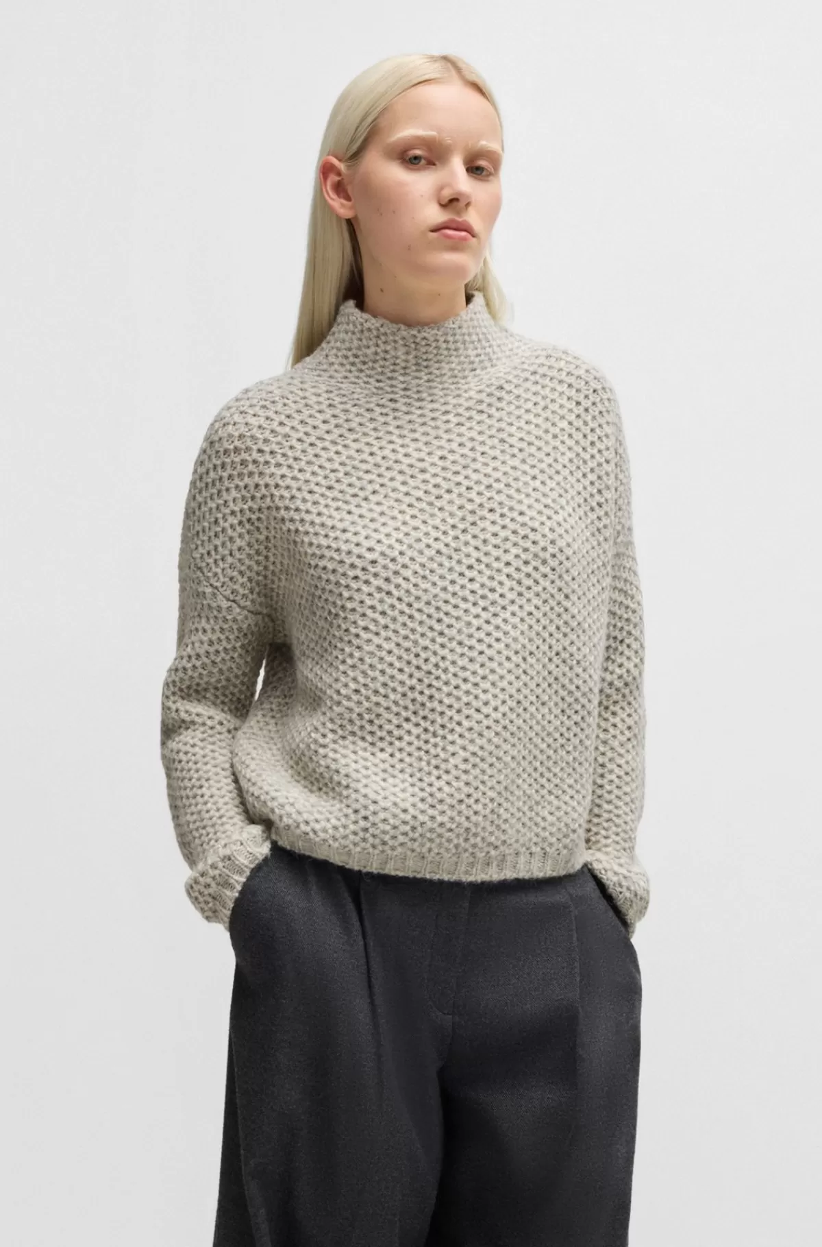 HUGO BOSS Sweater Med Høj Krave Og Riskornstruktur Lysegrå Online