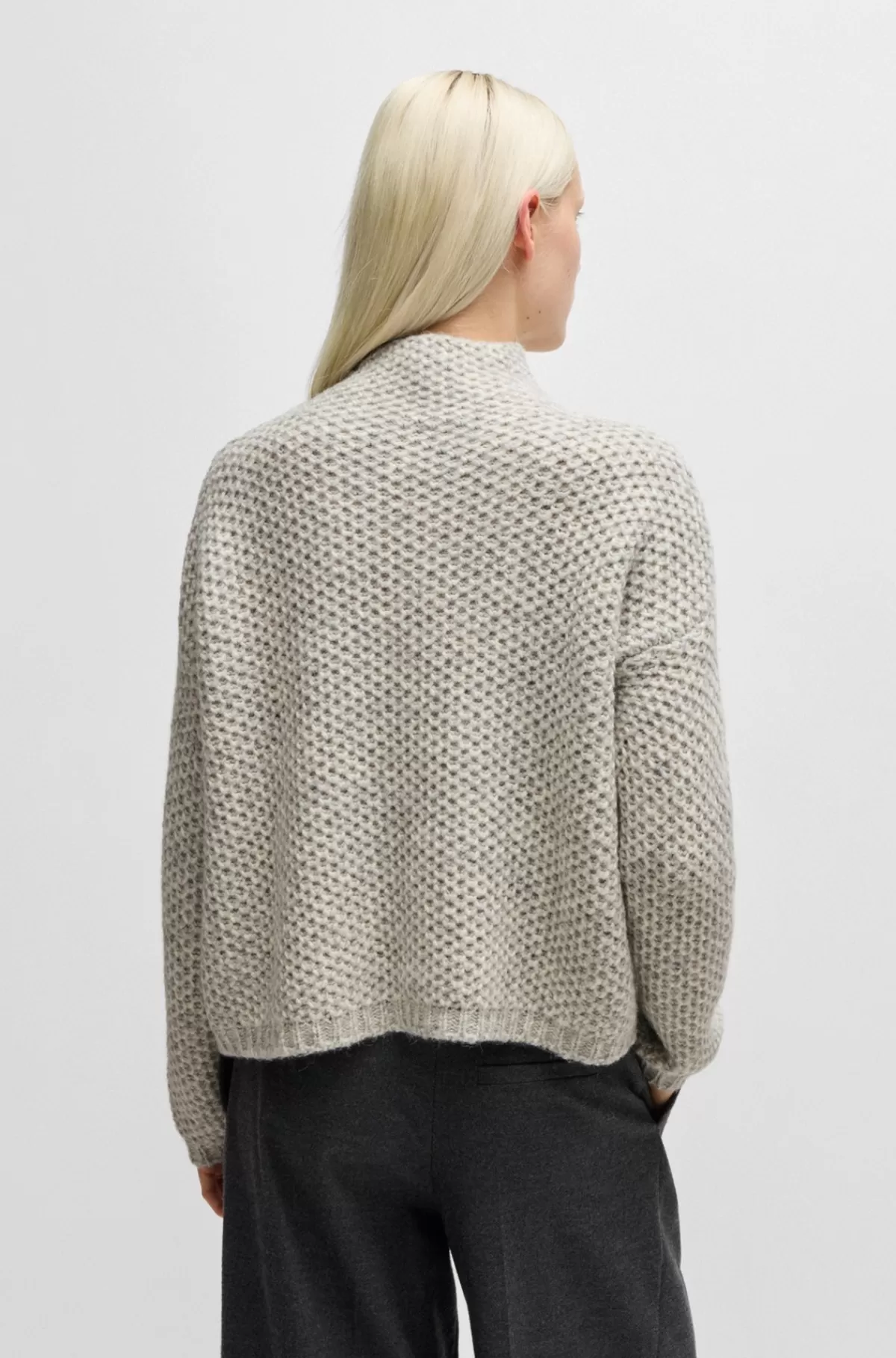HUGO BOSS Sweater Med Høj Krave Og Riskornstruktur Lysegrå Online