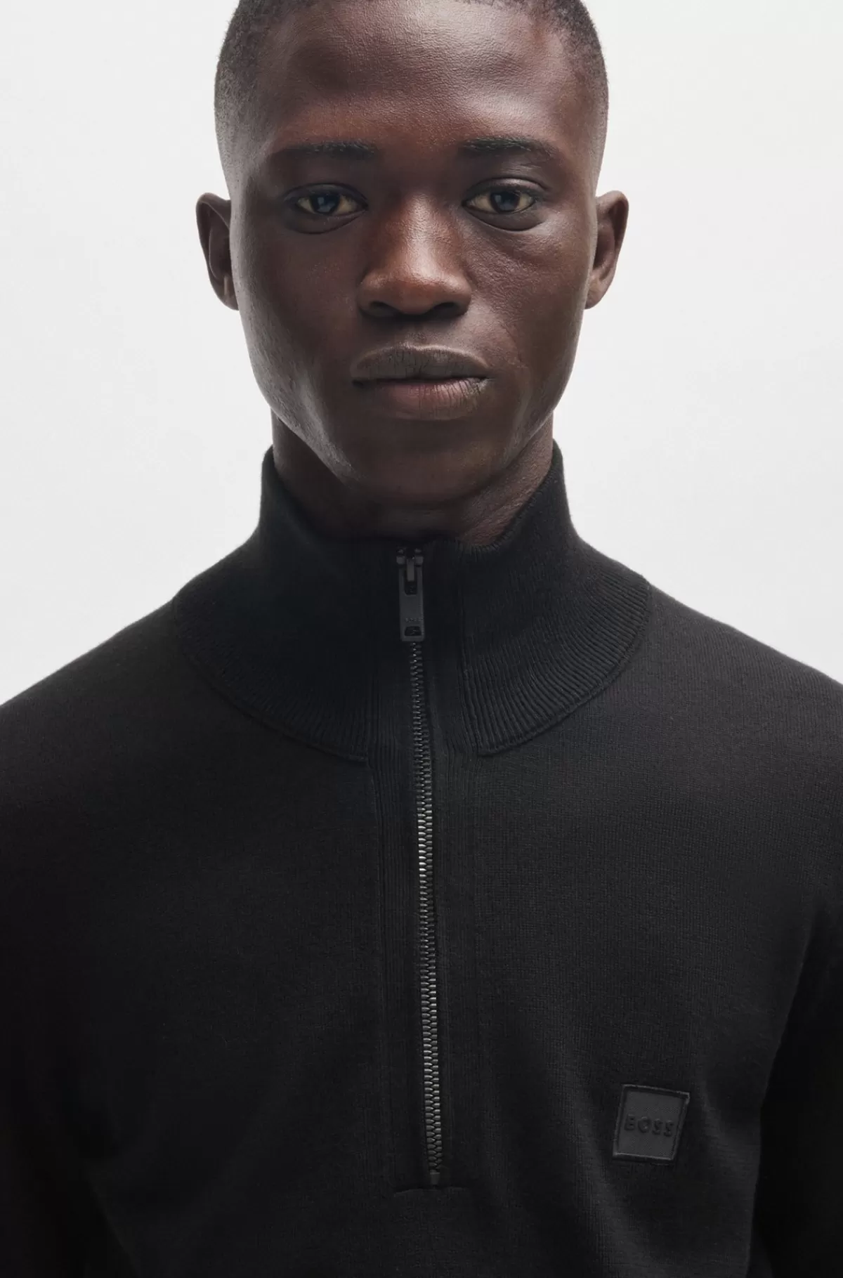 HUGO BOSS Sweater Med Lynlås I Halsen Og Logomærkat I Bomuld Og Kashmir Sort Best Sale