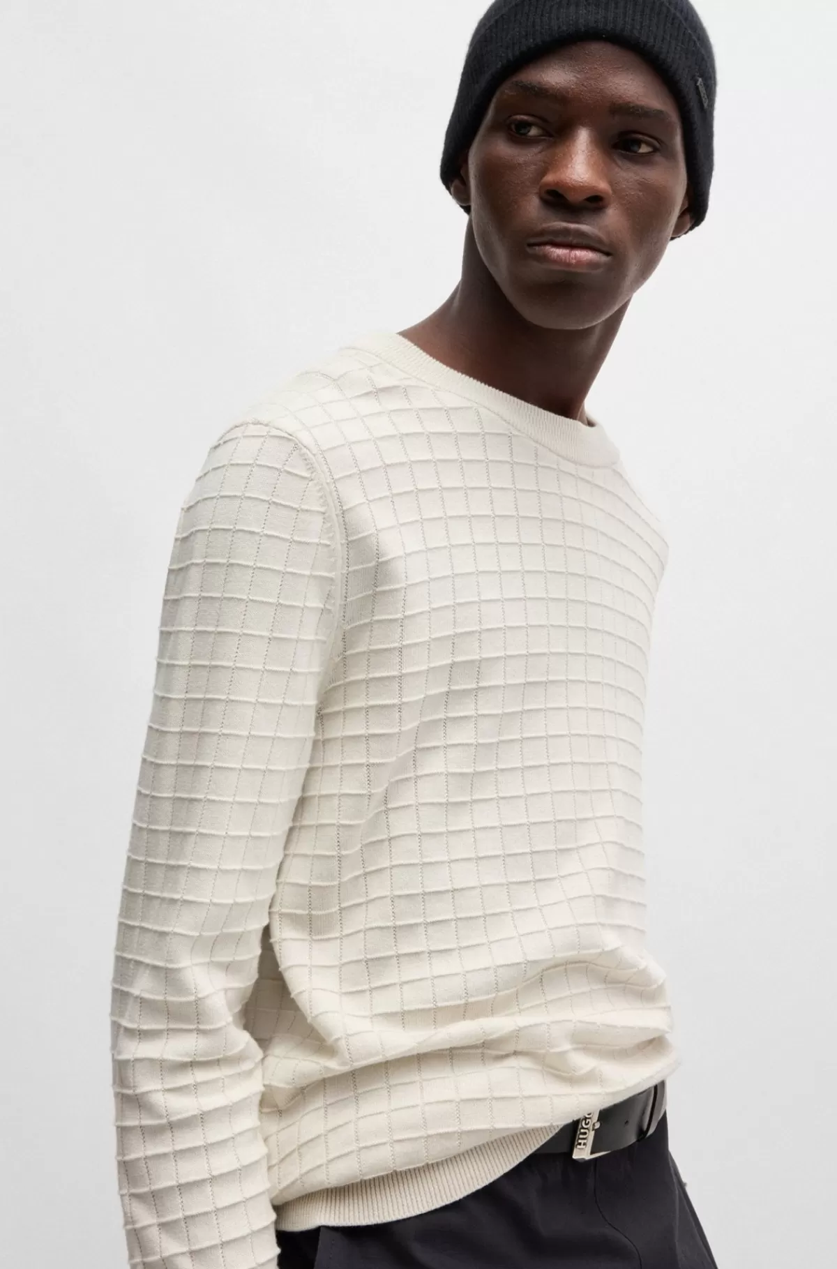 HUGO BOSS Sweater Med Regular Fit I Bomuld Og Gittermønster Naturlig Hot