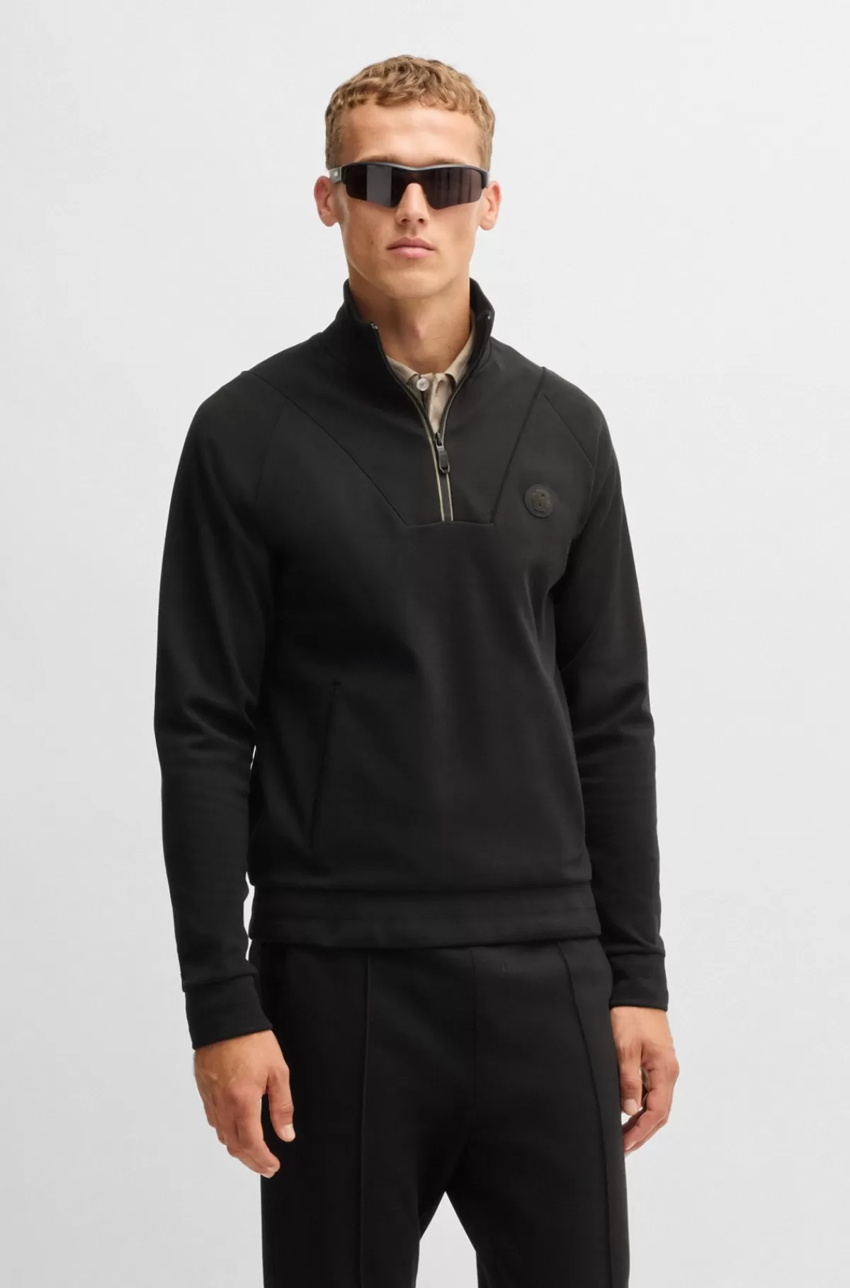 HUGO BOSS Sweatshirt I Bomuldsblanding Med Dobbelt B-monogram Og Lynlås I Halsen Sort Fashion