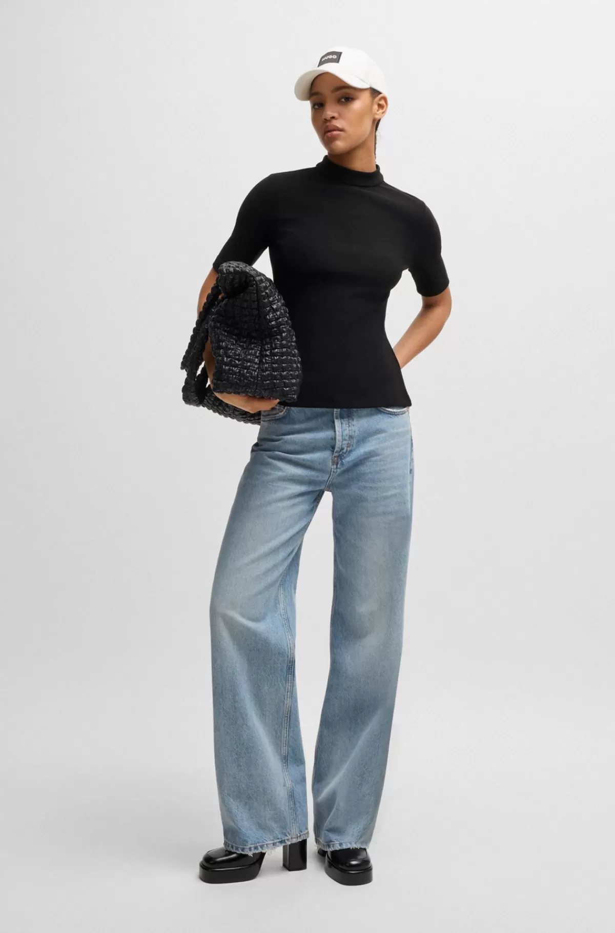 HUGO BOSS Top I Ribstrikket Jersey Med Slim Fit Og Høj Hals Sort Shop
