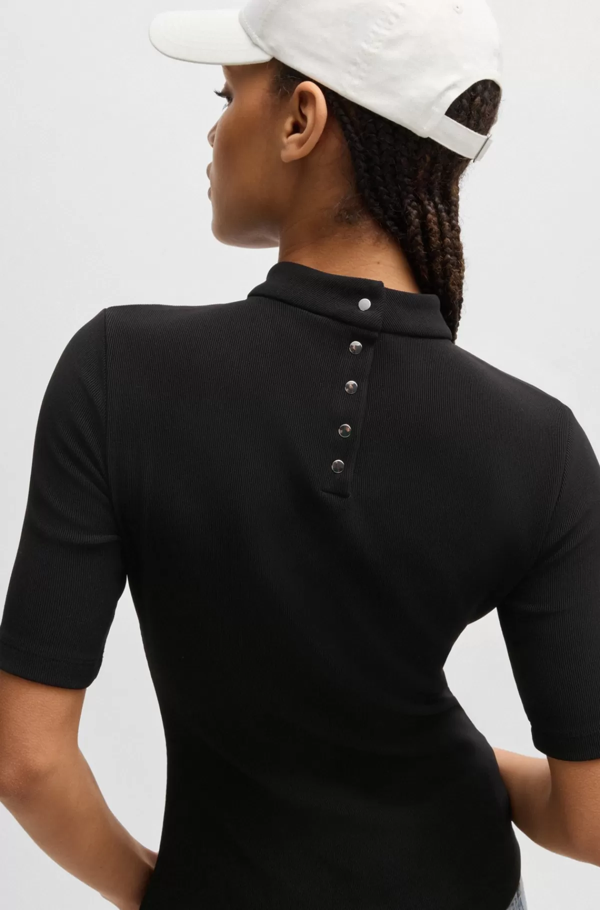 HUGO BOSS Top I Ribstrikket Jersey Med Slim Fit Og Høj Hals Sort Shop
