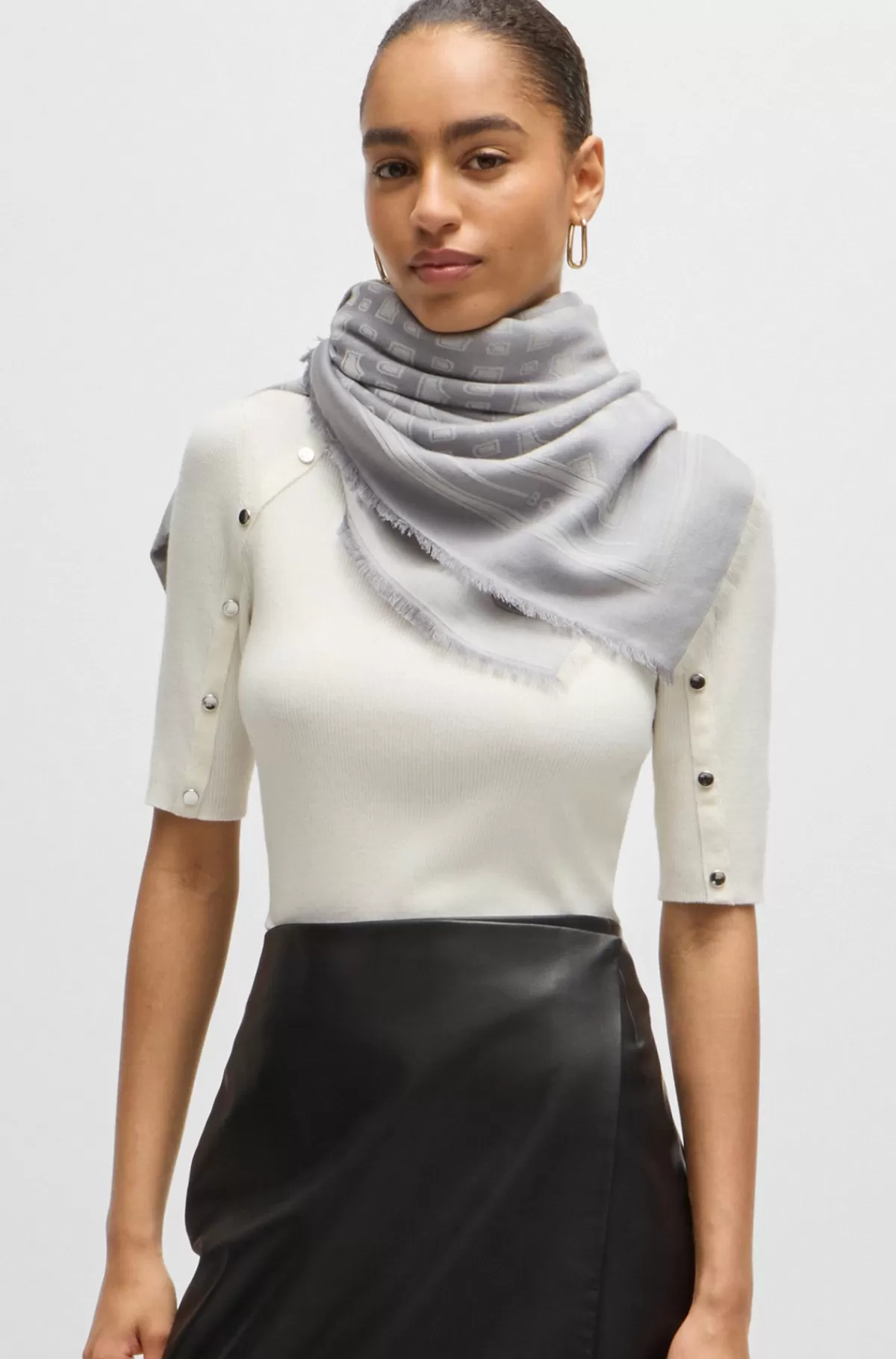 HUGO BOSS Tørklæde Af Jacquardvævet Uldblanding Med Monogram Og Frynser Sølv Hot