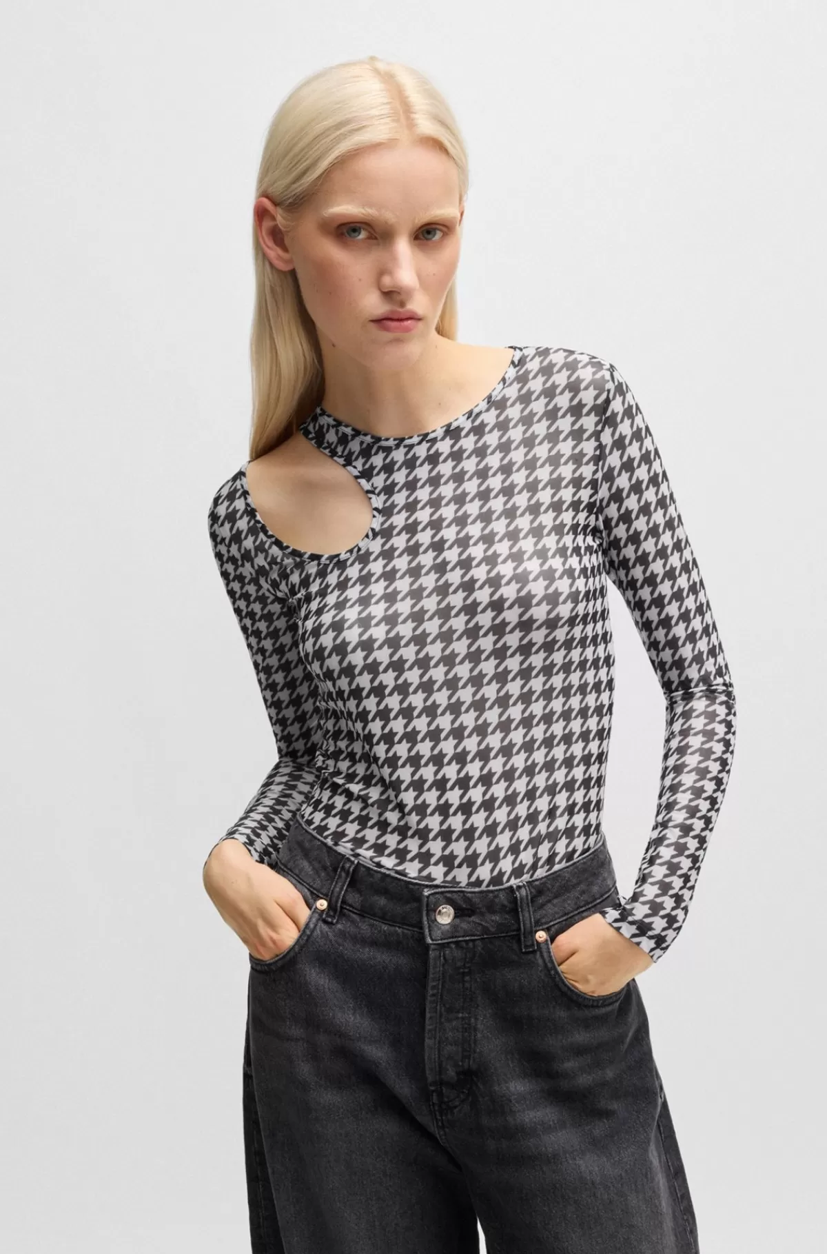 HUGO BOSS T-shirt Af Mesh Med Print Og Udskæring Ved Halsen Hvid/sort Best