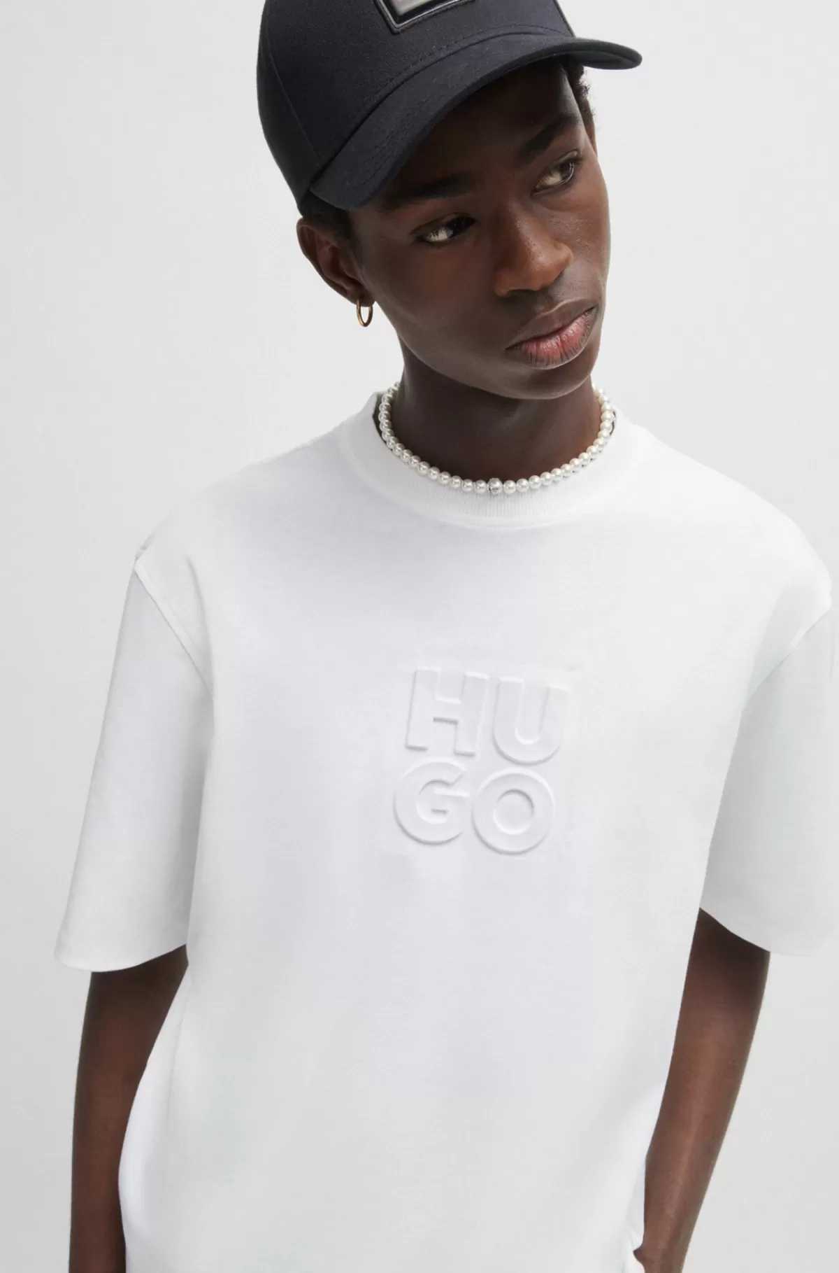 HUGO BOSS T-shirt I Bomuldsjersey Med Præget Logo Hvid Cheap