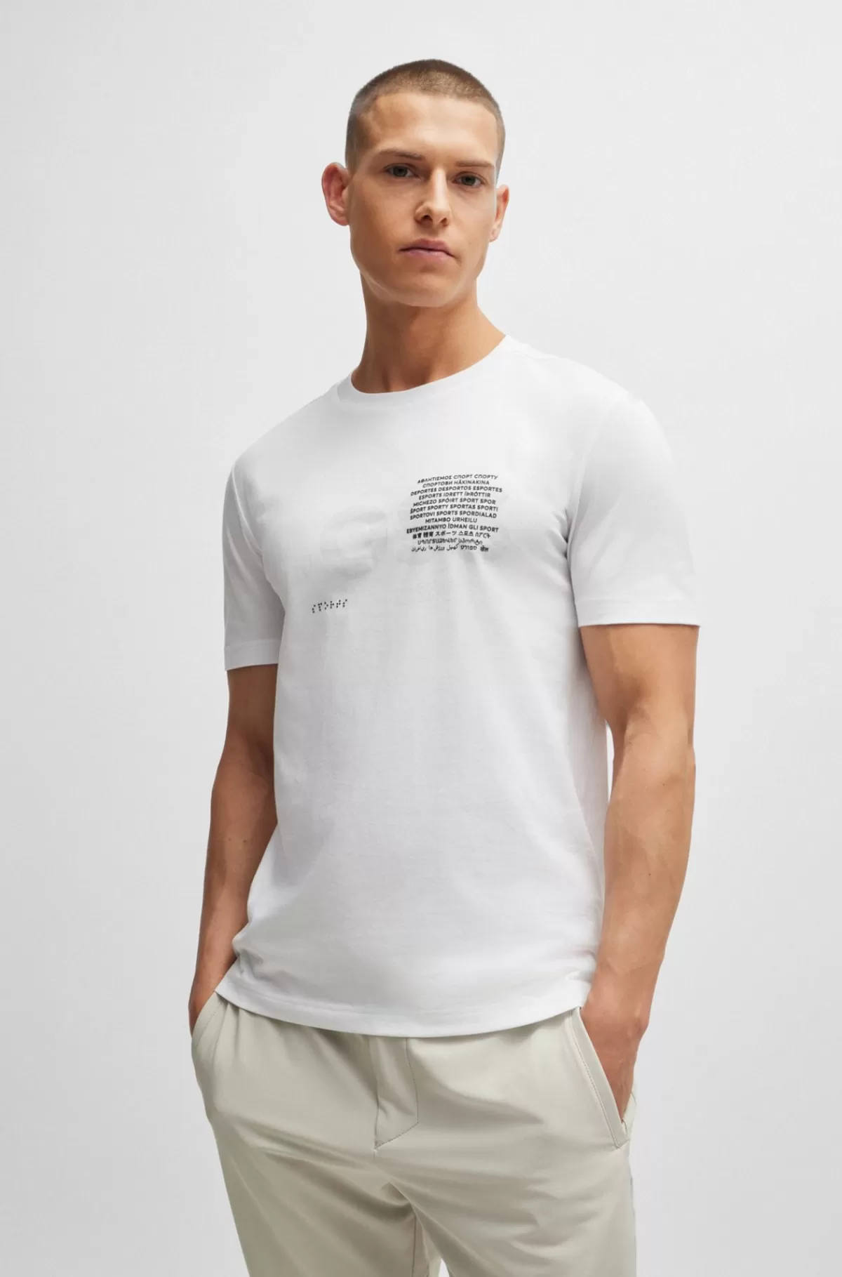 HUGO BOSS T-shirt I Bomuldsjersey Med Signaturgrafik Og Regular Fit Hvid Clearance