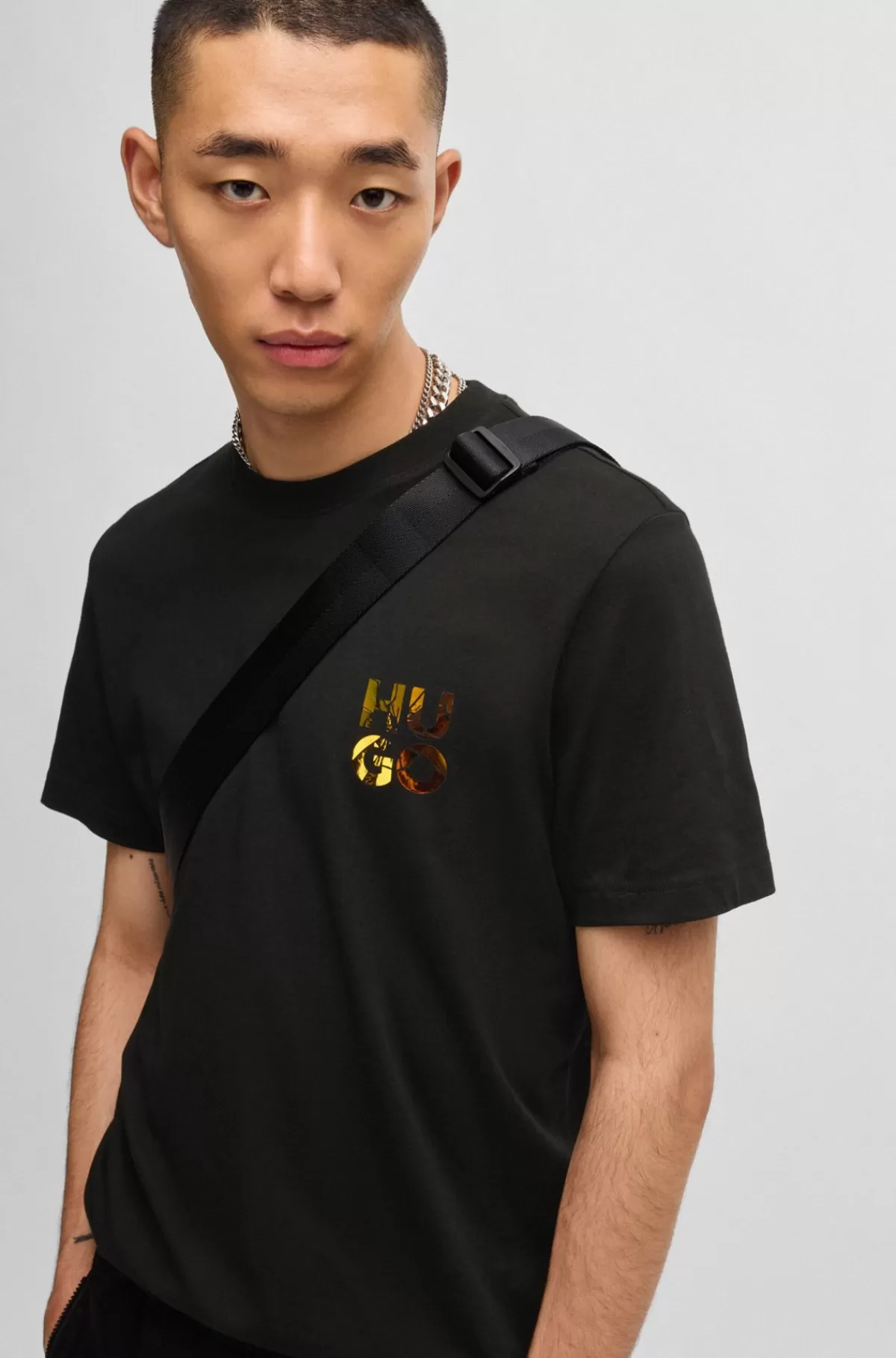 HUGO BOSS T-shirt I Bomuldsjersey Med Stablet Logoprint Sort Cheap
