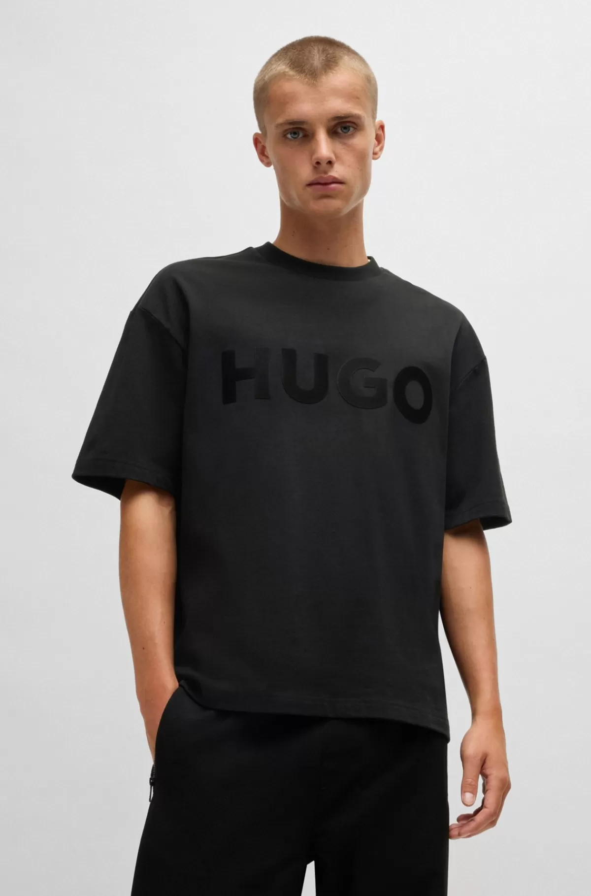 HUGO BOSS T-shirt I Bomuldsjersey Med Tone-i-tone-logo Sort Store