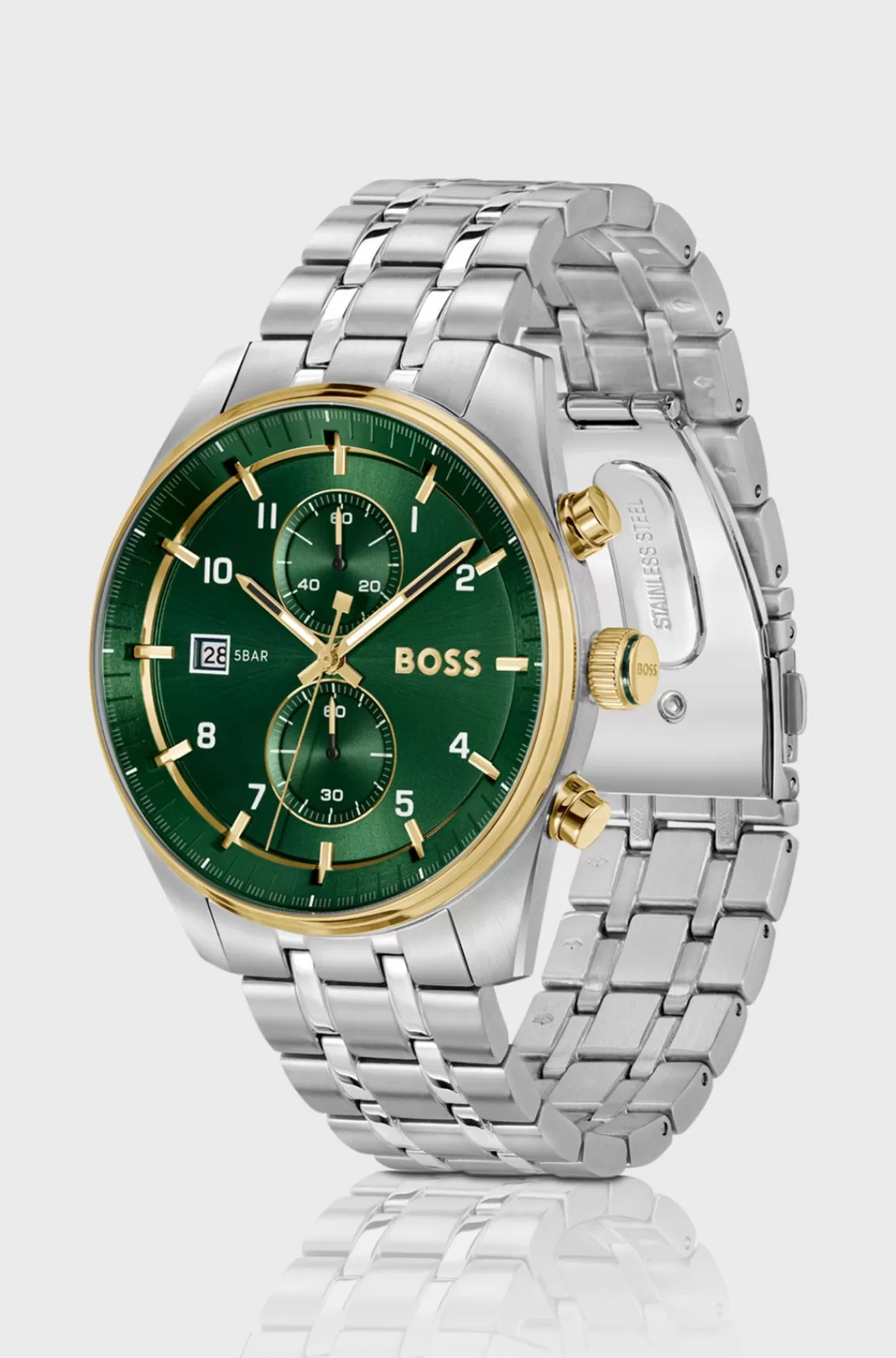 HUGO BOSS Two-tone Chronograph Watch With Green Dial Sølv Discount